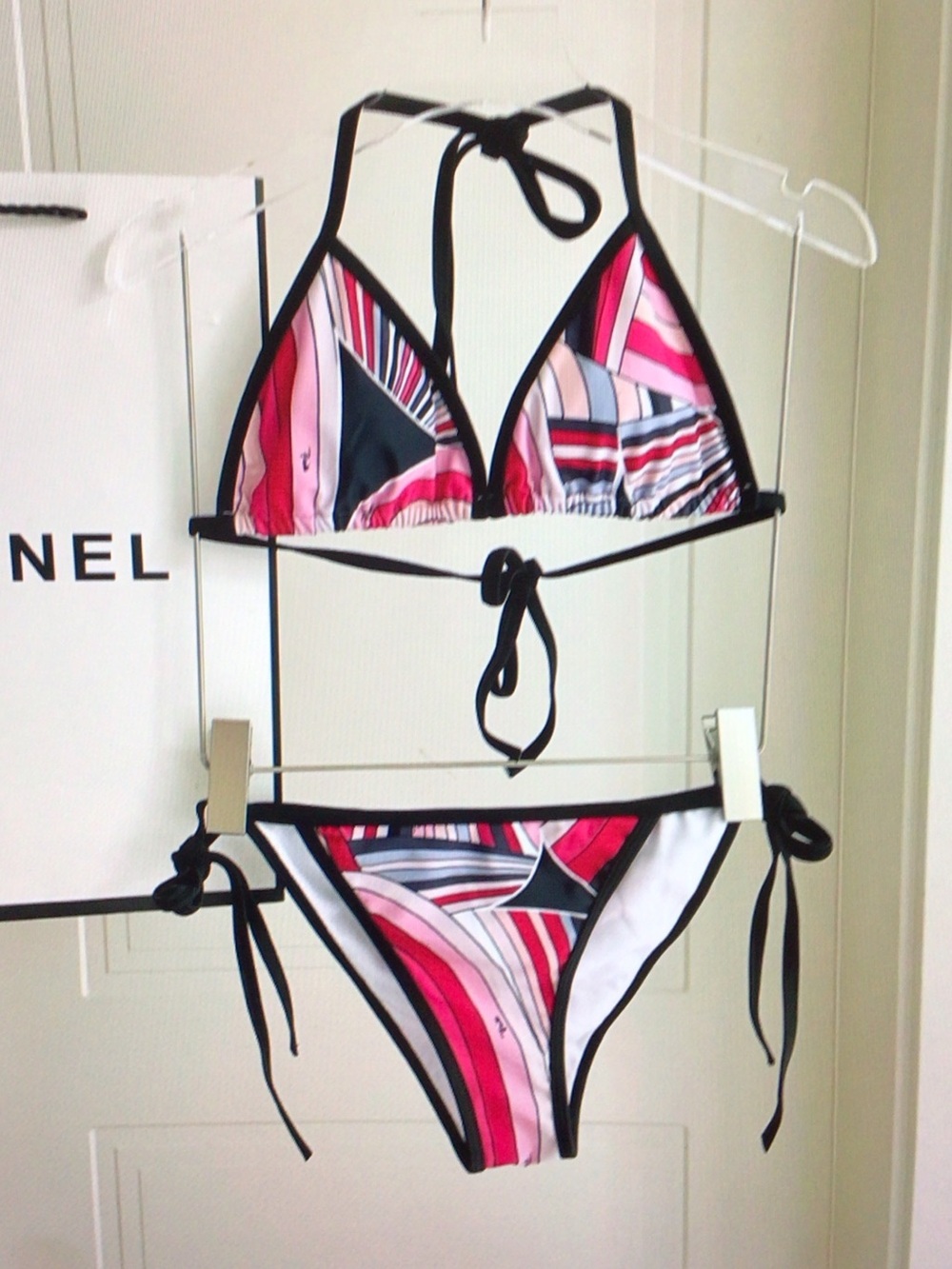 Striped Pink & Black Triangle Bikini Set - Women Swim